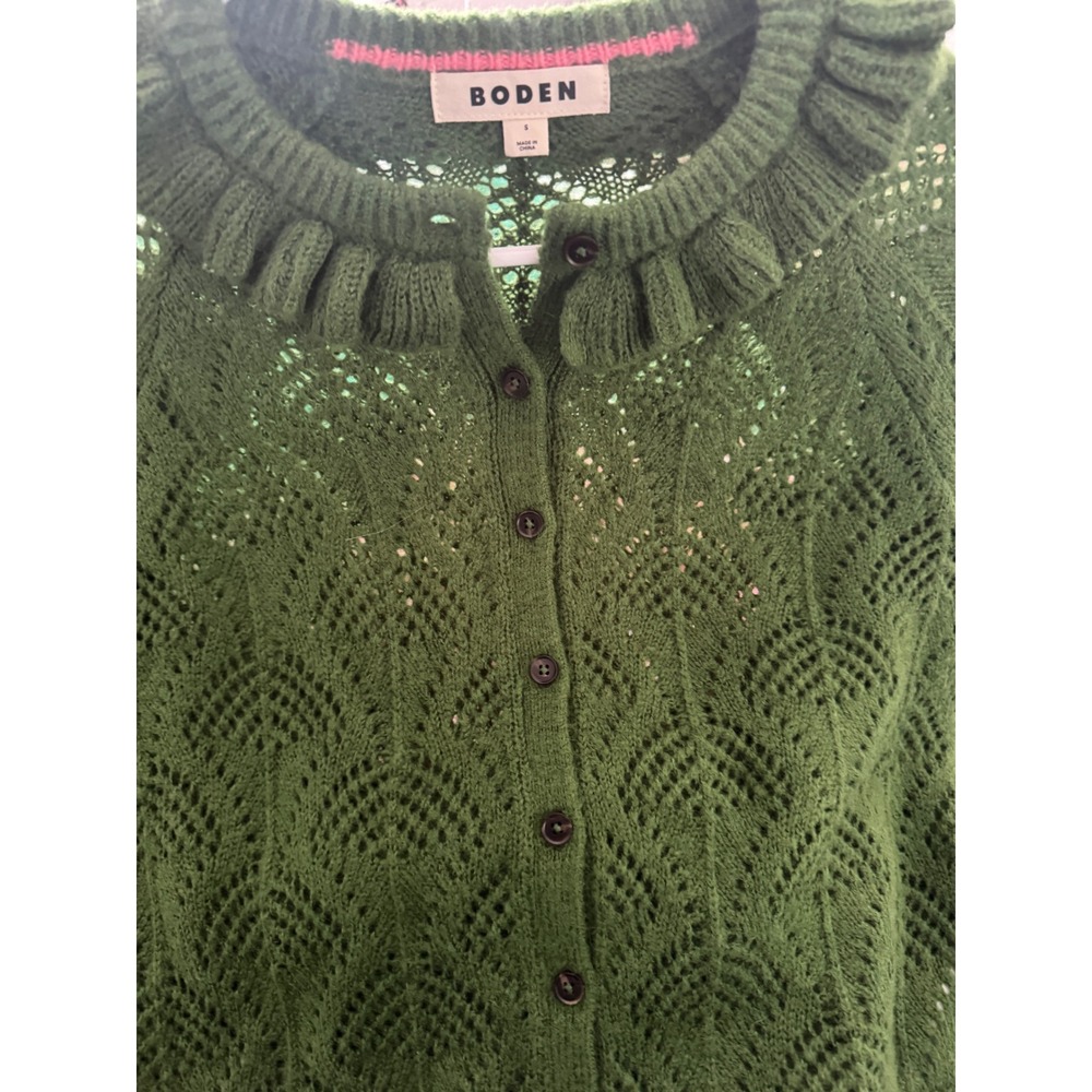 Boden Womens Green Pointelle Knit Ruffle Collar Cardigan Sweater Size S